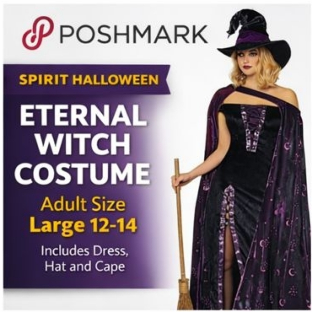 Spirit Halloween Eternal Witch Costume Adult Large 12/14 – Dress Hat Cape